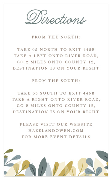 Our Forest Leaves Direction Cards utilize the same gorgeous design and color scheme as several other cards in the Forest leaves wedding suite.