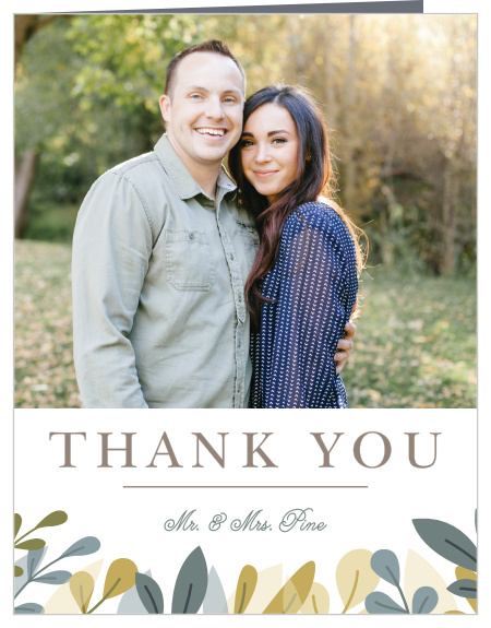 Our Forest Leaves Wedding Thank You Cards utilize the same gorgeous design and color scheme as several other cards in the Forest Leaves wedding suite.