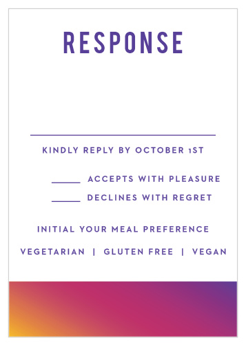 For a visually pleasing card befitting your wedding theme, look no further than our Rainbow Ombre Response Cards!