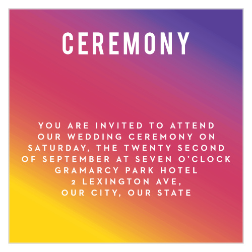 For a visually pleasing card befitting your wedding theme, look no further than our Rainbow Ombre Ceremony Cards!