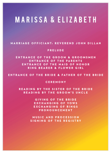 For a visually pleasing program befitting your wedding theme, look no further than our Rainbow Ombre Wedding Programs!