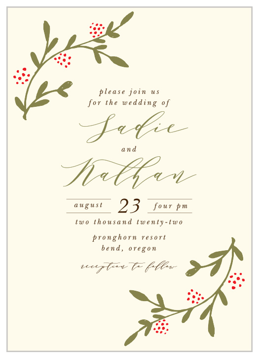 The Bountiful Berries Wedding Invitation is a perfect marriage of rustic coloration and botanical illustration.