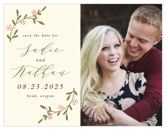 Whisk your guests away to your charming outdoor bash with the Bountiful Berries Save the Date Cards.