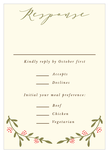 Collect guest count and meal choices using the graceful botanical design of the Bountiful Berries Response Card.