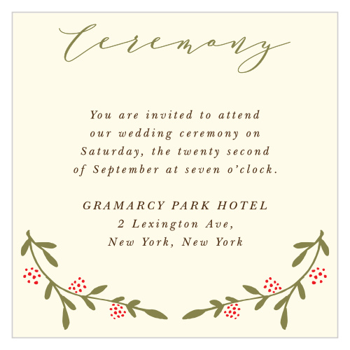 The Bountiful Berries Ceremony Card features wispy branches adorned with illustrated berries and a flowing script, which together make for a graceful outdoor themed card.