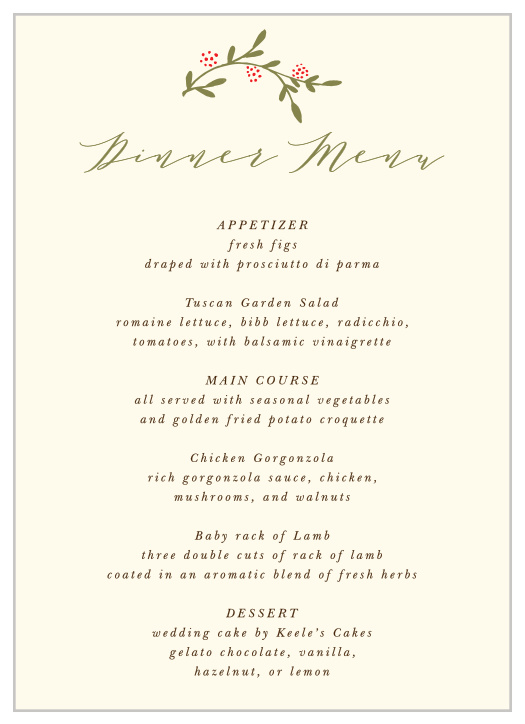 Your reception will feel like a five-star restaurant with the Bountiful Berries Wedding Menu.