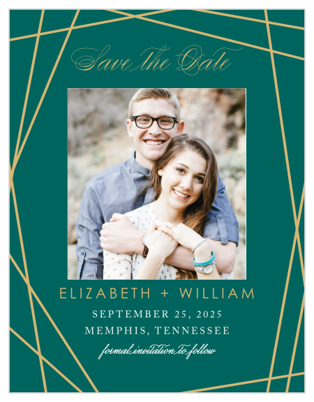Our Emerald Facets Save-the-Date Cards feature a series of edgy green gem faces that are outlined by raised gold foil.