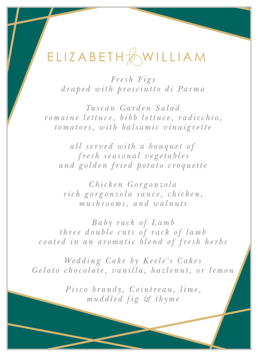 Our Emerald Facets Wedding Menus feature a series of edgy green gem faces that are outlined by raised gold foil.