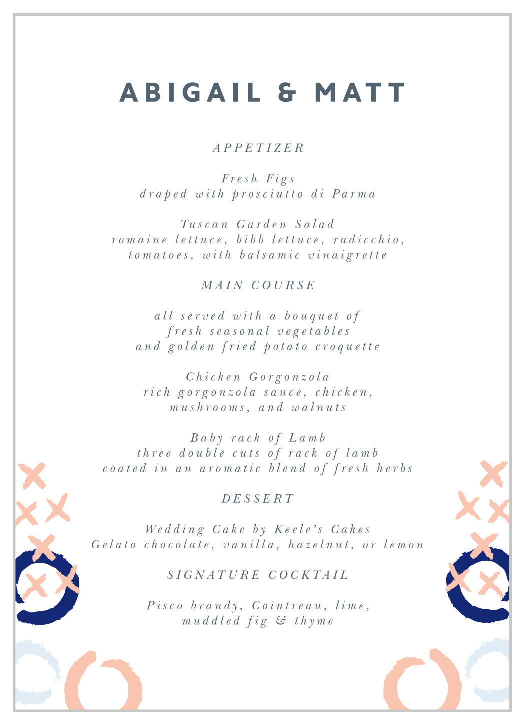 X & O Wedding Menus