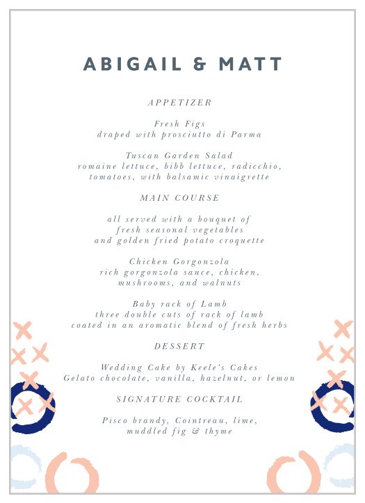 Our X & O Wedding Menus utilize the same gorgeous design and color scheme as several cards in the X & O wedding suite. 