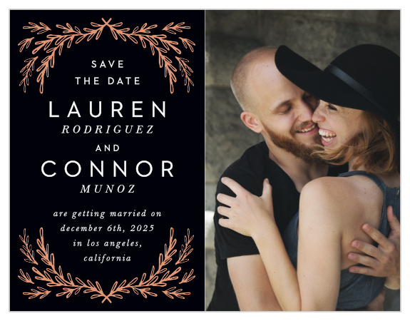 For a beautiful magnet befitting the elegance of your wedding plans, look no further than our Gilded Frame Save-the-Date Magnets.