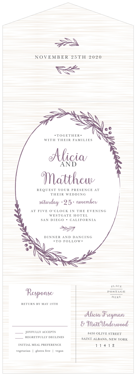 Gentle laurels decorate the cover of our Delicate Laurel Seal & Send Wedding Invitations, framing the text of your invitation with gorgeous purple foliage.