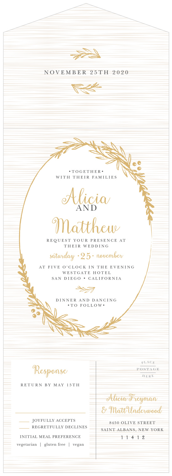 Gentle laurels decorate the cover of our Delicate Laurel Foil Seal & Send Wedding Invitations, framing the text of your invitation with gorgeous gold-foil foliage.