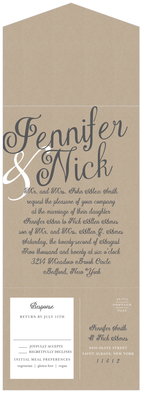 A classic country-side brown is a perfect background for the swirling gray and white calligraphy that covers our Elegant Kraft Seal & Send Wedding Invitations.