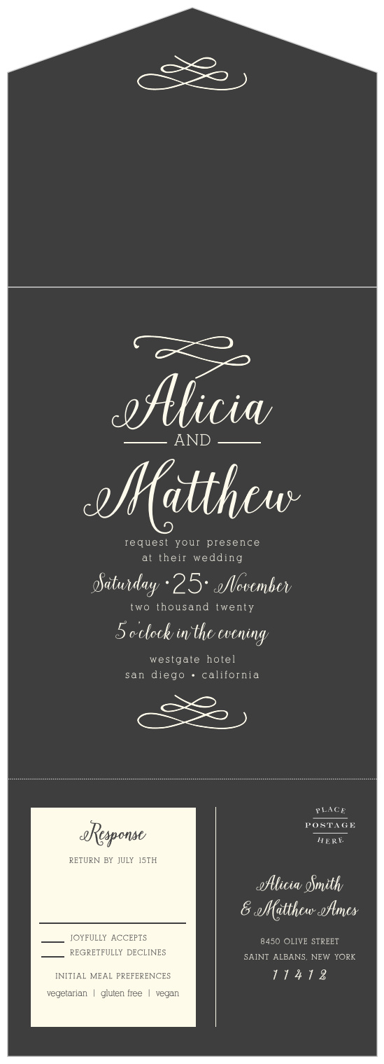 The Whimsical Calligraphy Seal & Send Wedding Invitations are simple with a swirling script.