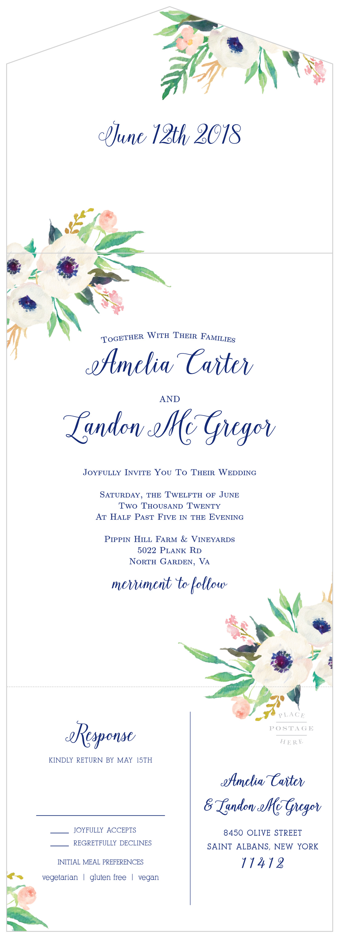 Watercolor Anemone Seal & Send Wedding Invitations