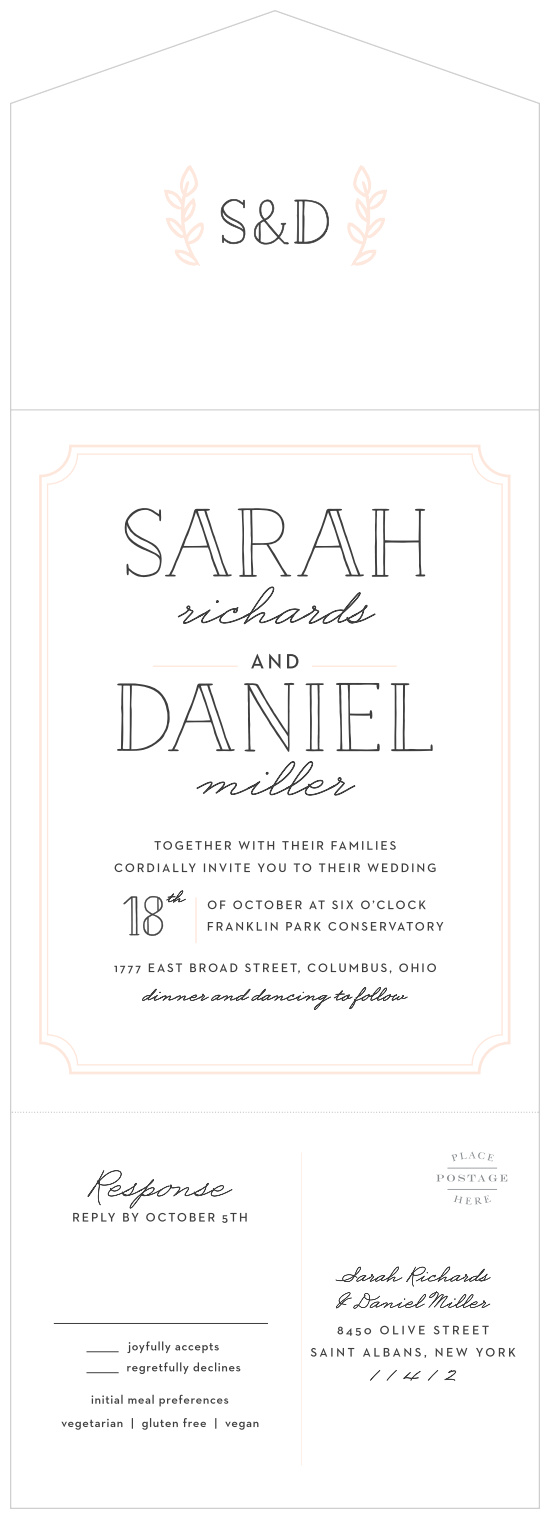 The Type Frame Seal & Send Wedding Invitations are done up with simple, light coral accents and a carefully outlined, old-fashioned typeface that spells out your names and the date in delightful detail!