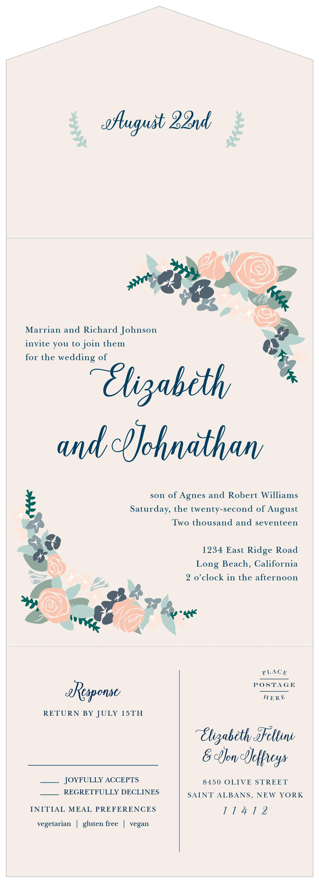 Illustrated Corner Wreath Seal & Send Wedding Invitations