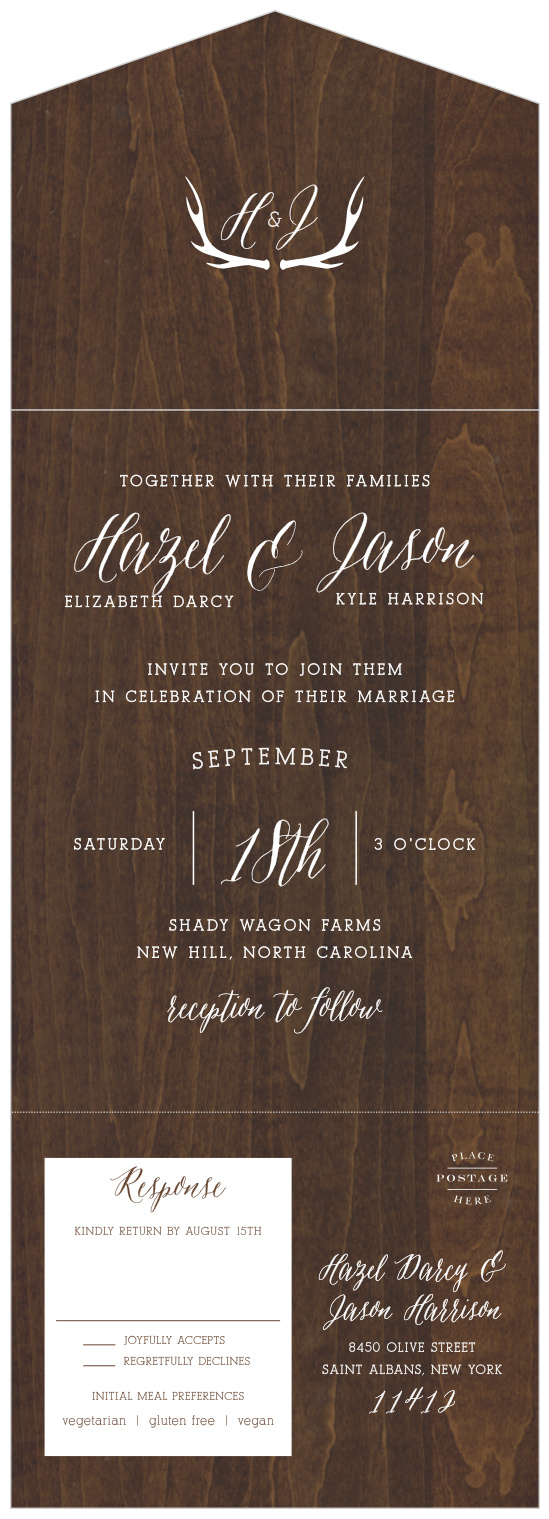 Dark walnut wood forms the background for our beautiful Rustic Wood Seal & Send Wedding Invitations.