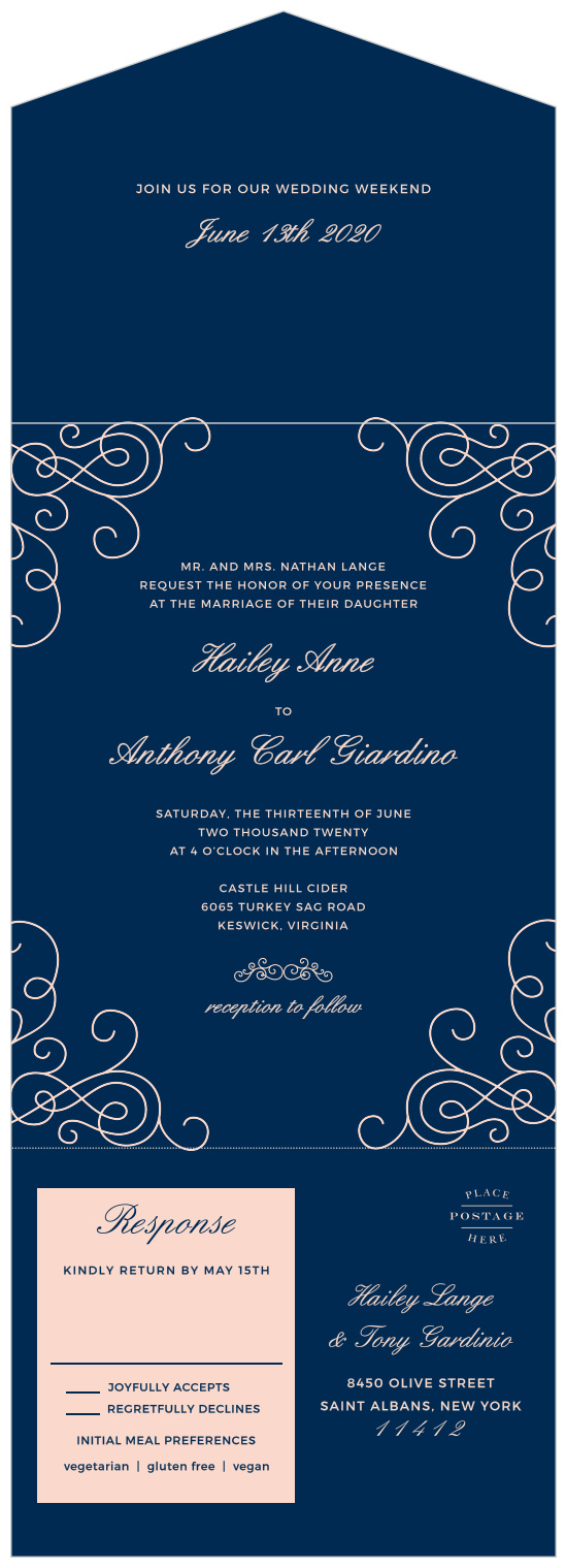 Modern in coloring, but adorned with vintage swirling illustrations, our Modern Love Seal & Send Wedding Invitations have everything you need in one card!