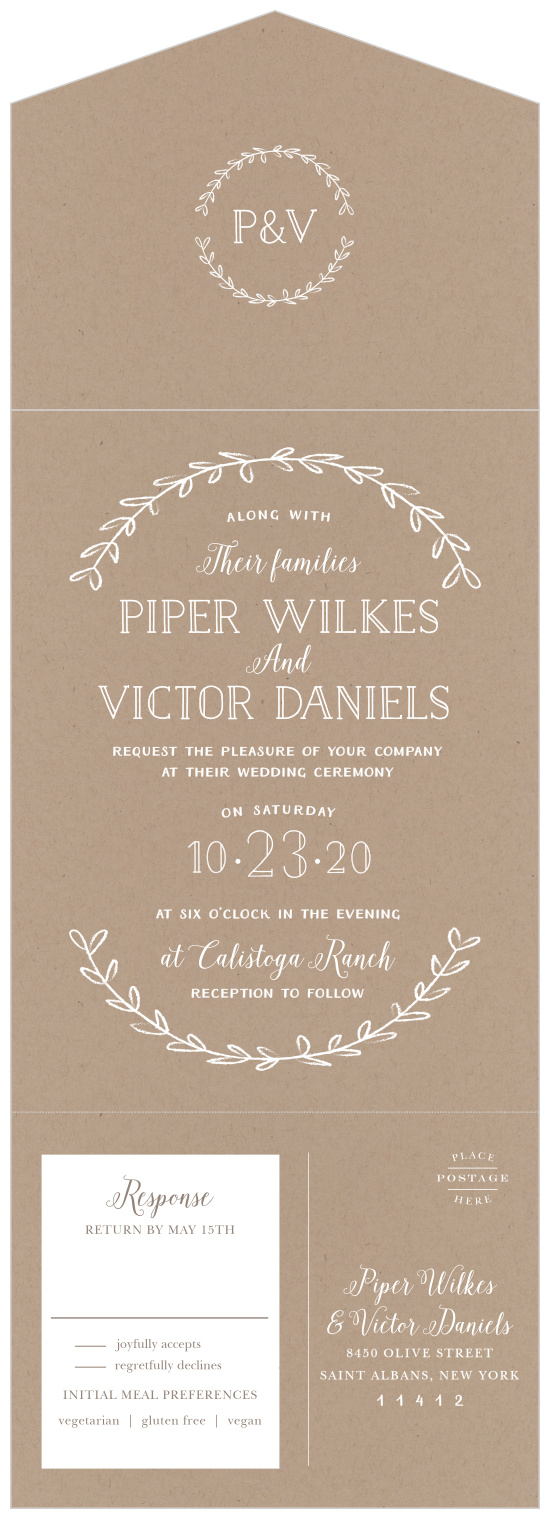 Gently encircled by a rustic wreath and written on a kraft paper background, our Rustic Love Seal & Send Wedding Invitations are beautiful representations of your upcoming wedding.