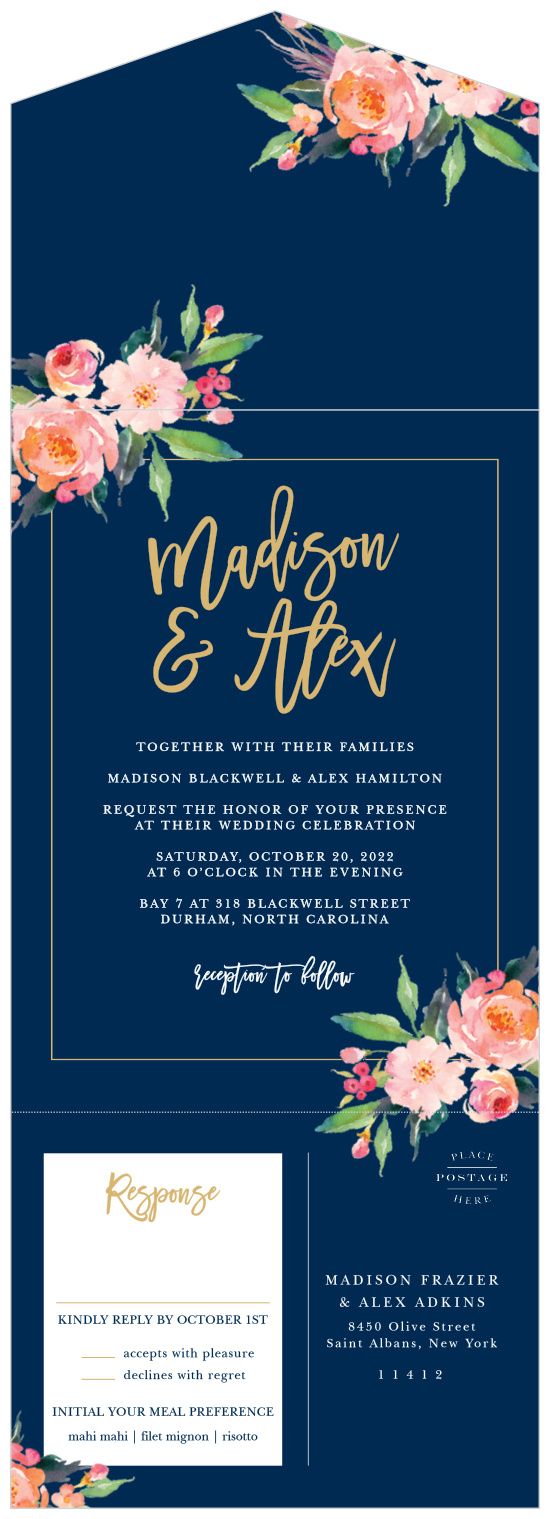 A rich navy blue background creates the perfect setting for a collection of lovely florals and the gold-foil title and outline on our Standing Ovation Foil Seal & Send Wedding Invitations.