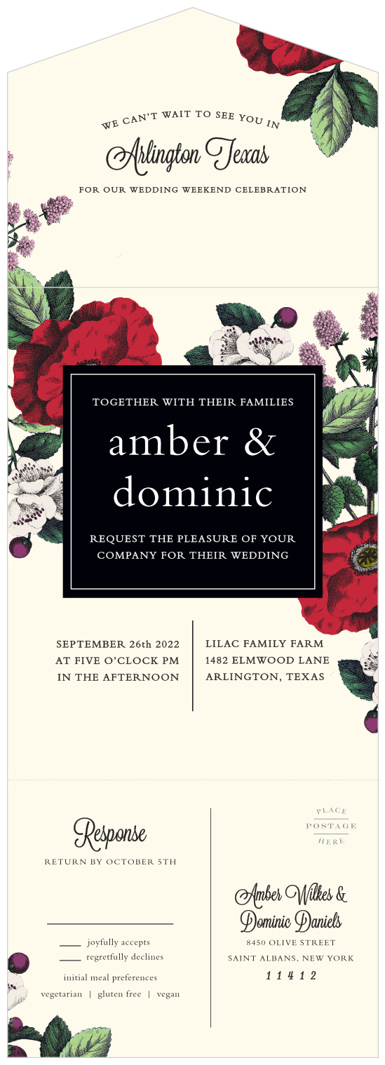 Gorgeous, old fashioned roses decorate the background of the Vintage Botanical Seal & Send Wedding Invitations.