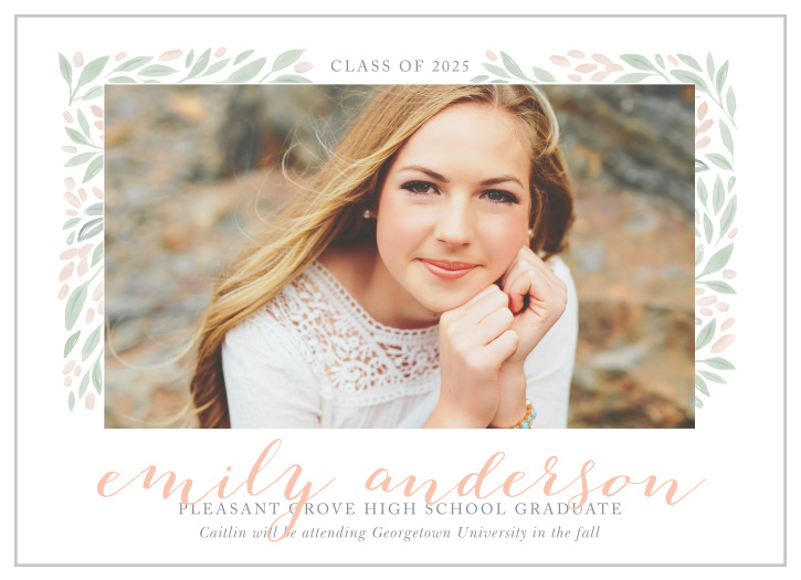 A gorgeous assortment of green and bronze leaves surround your choice of photo on the Botanical Frame Graduation Announcements.