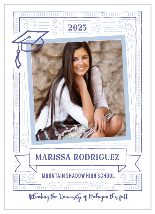 Our Framed Etchings Graduation Announcements feature your favorite photo of your upcoming graduate front and center, crowned by an illustrated graduation cap and surrounded by an intricate framework.