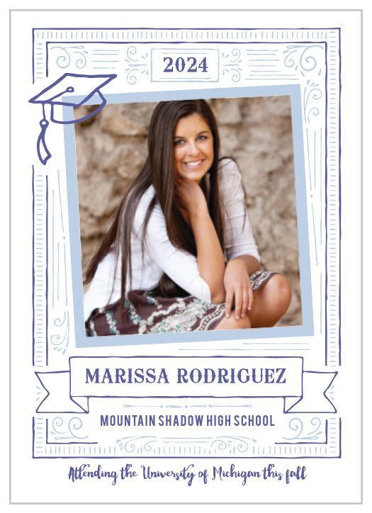Our Framed Etchings Graduation Announcements feature your favorite photo of your upcoming graduate front and center, crowned by an illustrated graduation cap and surrounded by an intricate framework.
