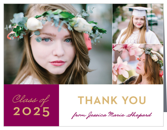 Featuring the same gorgeous banner in dark pink and bright gold, our Banner Year Graduation Thank You Card is a beautiful way to say "thanks" to everyone who attended.