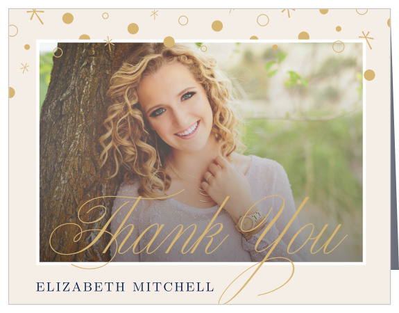 An assortment of artful designs covers the top of our Bubbly Celebrations Graduation Thank You Card, scattered almost carelessly over your favorite photo of your new graduate.