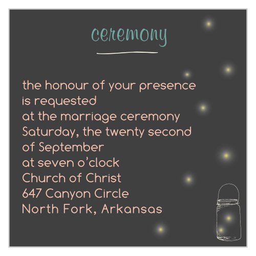 Make it easy to invite your guests to the ceremony/reception with this matching Ceremony card that goes with "The Mason Jars and Fireflies."