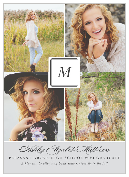 Our Grad Monogram Graduation Announcements feature a quartet of photos of your upcoming graduate, with their last initial superimposed over them in an elegant black type.