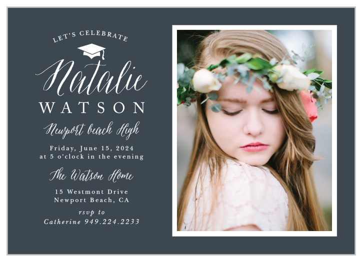 Our Photo Frame Graduation Invitations feature a beautiful split- the lefthand side containing all of your graduation details in flowing scripts and a neat print, while the righthand side focuses on the subject of the event: your gorgeous graduate.