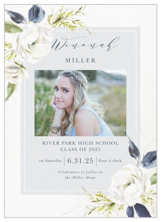 Choose the vintage beauty of our Oil Paint Textured Graduation Party Invitations. Gorgeous, blooming white roses decorate the opposite corners of the card, growing to cover part of the inner section.