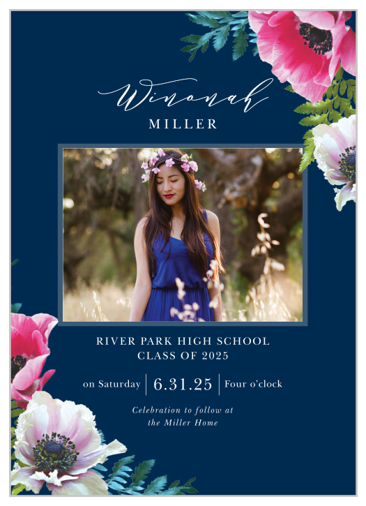 Vivid pink flowers bloom from the outer corners of our Vibrant Anemone Graduation Invitations, growing steadily in toward the center of the card where the photo of your graduate lies.