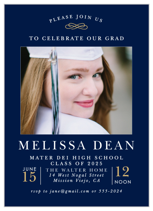 On a background the color of deep sapphire, our Classical Collegian Graduation Invitations offer a beautiful look for your graduation invitations.