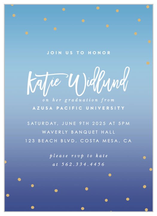 Our Dainty Dots Graduation Party Invitations feature a gentle gradient as their background, slowly fading from light blue to a deep purple as the card progresses.