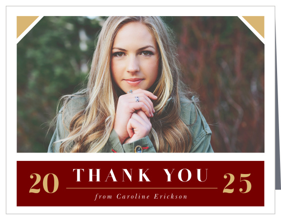 Our Gilded Graduate Graduation Thank You Card is ornamented with our notorious raised gold foil.