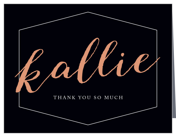 Our Hexagon Frame Graduation Thank You Card uses our newest rose gold foil to perfection with your name in a large script that glides gracefully across your photo and frame.