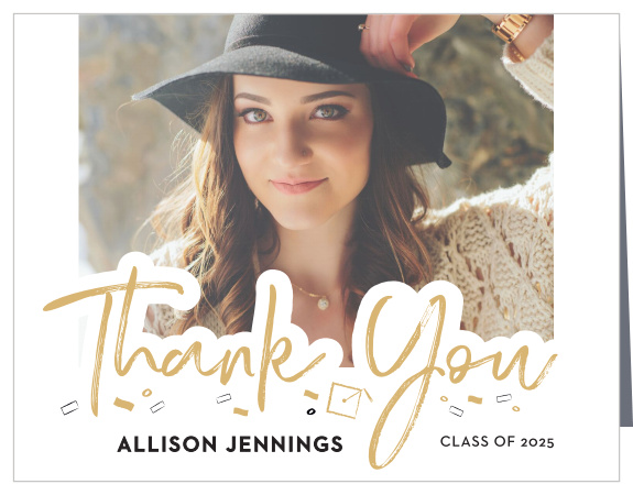 Celebrate your many loved ones with our stylish and exciting Lettered Overlay Graduation Thank You Card.