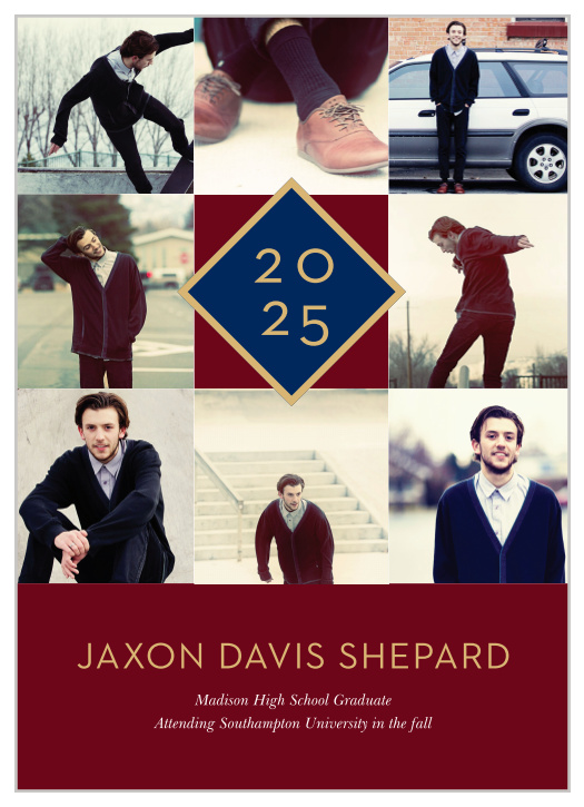 Select eight of your photos to surround a diamond monogram containing your class year for our Mod Blocks Graduation Announcements. 