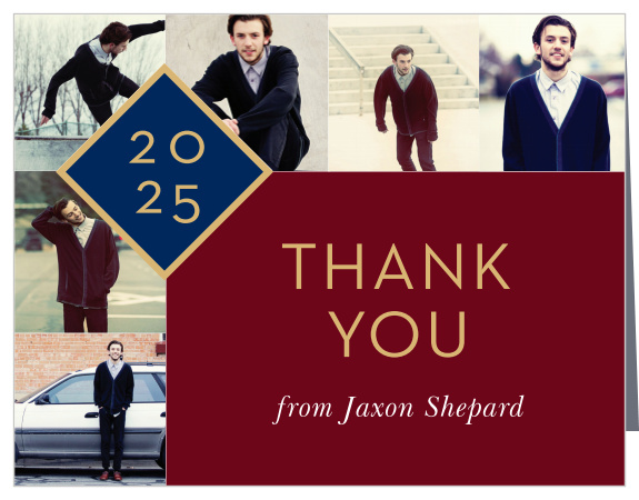 Select six of your photos to surround a diamond monogram containing your class year for our Mod Blocks Graduation Thank You Card.