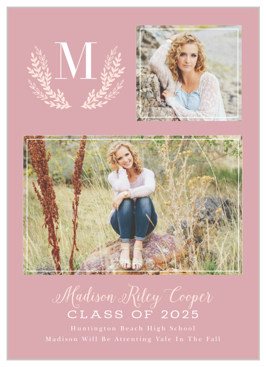 Our Pretty In Pink Graduation Announcements feature a delicate laurel monogram colored in a light coral pink.
