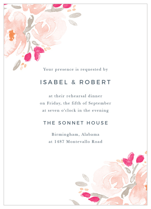 The Watercolor Bouquet Rehearsal Dinner Invitation is romantic with its soft watercolor blooms