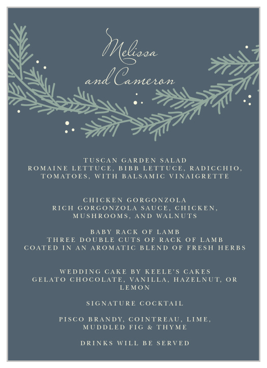 Our Evergreen Wreath Wedding Menus utilize the same gorgeous design and color scheme as several other cards in the Evergreen Wreath wedding suite.