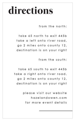 Our Mod Type Direction Cards utilize the same gorgeous design and color scheme as several other cards in the Mod Type wedding suite.