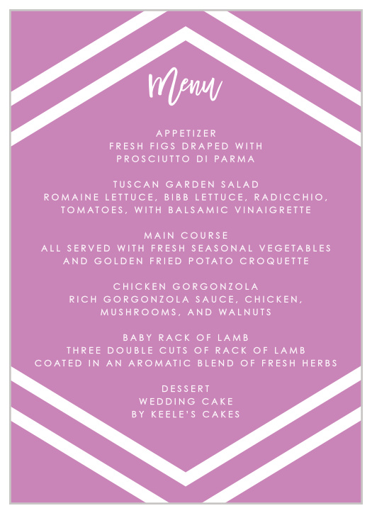 No matter what you’re serving, make your guests’ mouths water with our Cheeky Chevron Wedding Menus.