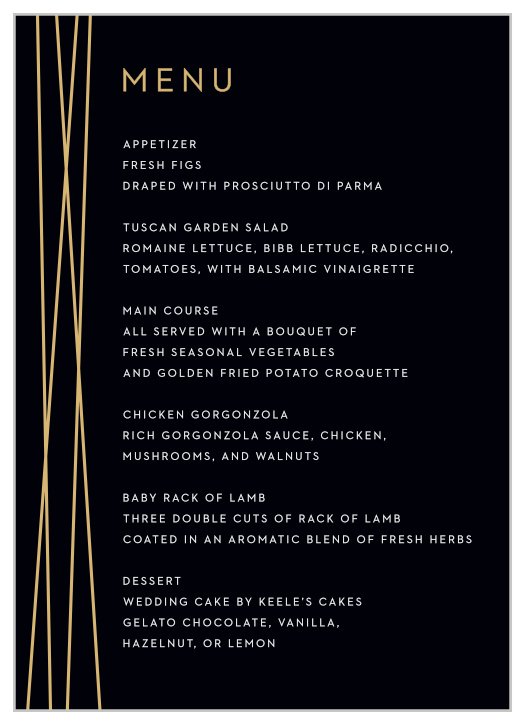 Our Cross Over Wedding Menus utilize the same gorgeous design and color scheme as several other cards in the Cross Over wedding suite.